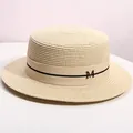 Flat top straw boater hat with metallic M letter and ribbon for summer beach vacation - M (56-58cm) / Beige
