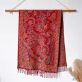 Ethnic paisley pattern red cotton shawl with tassels and intricate floral jacquard detail - Bxs-207 Red / 200x65cm