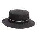Classic black straw boater hat for summer beach wear with silver M metal ornament - M (56-58cm) / Black