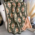 Thick bohemian ikat pattern scarf in olive green and orange with fringed edges - 185x65cm / Green