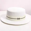 White flat top woven straw boater hat with decorative ribbon and silver metal M logo - M (56-58cm) / White