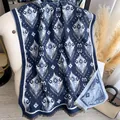 Blue and white bohemian geometric pattern pashmina scarf with tassel trim - 185x65cm / Blue