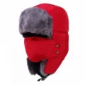 Detail of winter trapper hat featuring red windproof fabric and grey faux fur ear flaps - One Size (56-58cm) / Red
