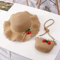 Kids wide wavy brim straw sun hat and matching mini cherry crossbody bag set for girls - Cherry Single Hat / Khaki