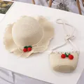 Detail of girls straw hat and matching bag with crochet cherry and wavy edge finish - Cherry Single Hat / Beige