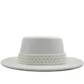 Elegant white wool boater hat with a decorative multi-layer pearl band for women - M (56-58cm) / White