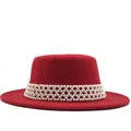 Elegant red wool felt flat top boater hat featuring a decorative white pearl beaded band - M (56-58cm) / Red