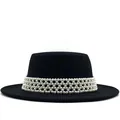 Classic black wool fedora hat with elegant wide faux pearl woven decorative headband - M (56-58cm) / Black