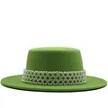 Classic green wool fedora with elegant pearl band decoration for women on white background - M (56-58cm) / Green