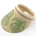 Straw sun visor with green monstera leaf print and elastic beige striped headband - Size M (56-58cm) / Beige (Green Leaf Print) (JX-4tttt)