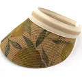 Women's straw sun visor with green leaf pattern and adjustable elastic headband - Size M (56-58cm) / Khaki (Dark Green Leaf Print) (JX-4tttt)