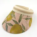 Close-up of straw sun visor with pink base and bright yellow lemon print patterns - Size M (56-58cm) / Pink (Lemon Print) (JX-4tttt)