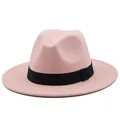 Elegant pink wool fedora hat with wide brim and black decorative ribbon trim - Dusty Pink