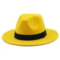Macro detail of yellow wool felt fedora with a contrasting black ribbon band - M (56-58cm) / Yellow