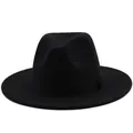 Detailed view of black wool fedora hat with a classic wide brim and matching grosgrain ribbon - M (56-58cm) / Black