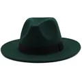Detail of dark green fedora with black ribbon band and wide flat brim wool felt texture - M (56-58cm) / Dark Green