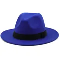 Close-up of royal blue wool fedora hat featuring a classic black ribbon band on white background - Sapphire Blue