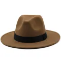 Detailed shot of brown wool fedora hat featuring a classic black ribbon band decoration - Khaki