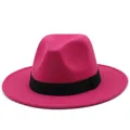 Detail of rose red wide brim wool fedora hat with a black grosgrain ribbon band - Rose Red