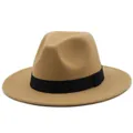 Close-up of a classic camel felt fedora with a wide brim and black ribbon detail - M (56-58cm) / Camel