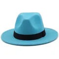 Classic cyan felt fedora hat with wide brim and black decorative band in a stylish design - Lake Blue
