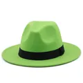 Detail view of neon green fedora hat with a black ribbon band on a clean white background - Fruit Green