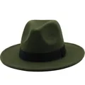 Classic dark green wool fedora hat with a wide brim and decorative black grosgrain ribbon - Army Green