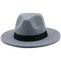 Classic grey wool fedora hat with a flat brim and elegant black grosgrain ribbon detail - Light Gray