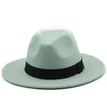 Detail of the mint green wool fedora with a wide flat brim and black decorative band - Mint Green