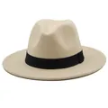 Classic beige wool fedora hat with a contrast black decorative band and flat brim - Beige