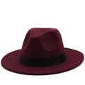 Detail shot of a burgundy fedora hat with flat wide brim and black ribbon band decoration - Burgundy
