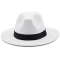 Detail of white wool fedora hat featuring classic teardrop crown and black ribbon band - White