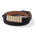 Detail of double-wrap black lizard-embossed leather bracelet with gold metal accents - Black