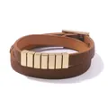 Brown double wrap PU leather bracelet with gold metal accents and minimalist buckle - Khaki