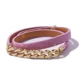 Detail of pink leather wrap bracelet with chunky gold chain links and metallic buckle - Pink