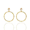 Pendientes de aro geométricos dorados con incrustación blanca y cuentas sobre fondo blanco - Incrustación de Nácar Cuadrada / Dorado+Blanco