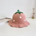 Pink knit strawberry baby sun hat with green leaf top and ruffled brim for toddlers - 46-48cm / Pink