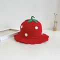 Red strawberry knitted baby hat with green stem and white polka dots on white background - 46-48cm / Red