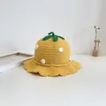 Cozy yellow knitted kids sun hat with white polka dots and green leaf decor - 46-48cm / Yellow