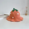 Cute strawberry style knitted baby hat with wide wavy brim and white polka dot pattern - 46-48cm / Orange