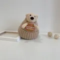 Warm khaki knit baby winter hat with a cute 3D plush bear and embroidered bear slogan - Infant Size / Khaki