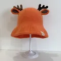Detailed knit of orange baby bucket hat featuring brown antlers and a 'Baby' label - 48-50cm / Caramel color