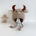 Cute knitted baby winter hat with cartoon bull horns and protective ear flaps - 46-48cm / Khaki