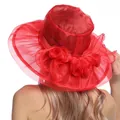 Macro rear view of a wide brim red organza sun hat with layered floral mesh detail - M (56-58cm) / Red