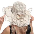 Detailed view of beige organza sun hat featuring delicate lace layers and a large floral accent - M (56-58cm) / Beige
