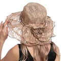 Detail of camel lace sun hat featuring three 3D floral accents and wide brim texture - M (56-58cm) / Khaki