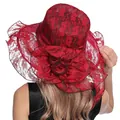 Elegant red lace wide brim sun hat with floral details for women in sunlight - Burgundy
