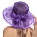 Detail of purple organza sun hat featuring elegant layered ruffles and floral accents - M (56-58cm) / Purple