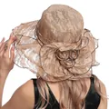 Champagne organza sun hat with large lace flowers and wide wavy brim for women - Khaki