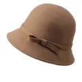Elegante vintage Franse stijl wollen cloche hoed met strik detail in camel bruin - M(56-58cm) / Khaki
